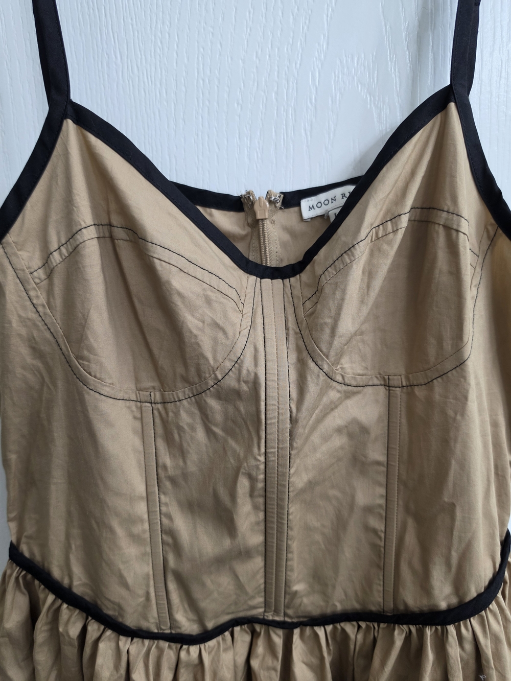 Anthropologie Moon River Corset Women’s Tan Midi Dress with Black Trim W Pockets - Picture 4 of 7